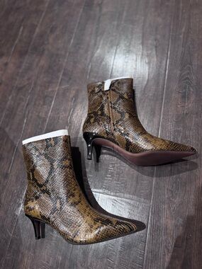 Franco Sarto Snake Print Ankle Boots – Brown/Black Pointed Toe, Size 7, New NIB